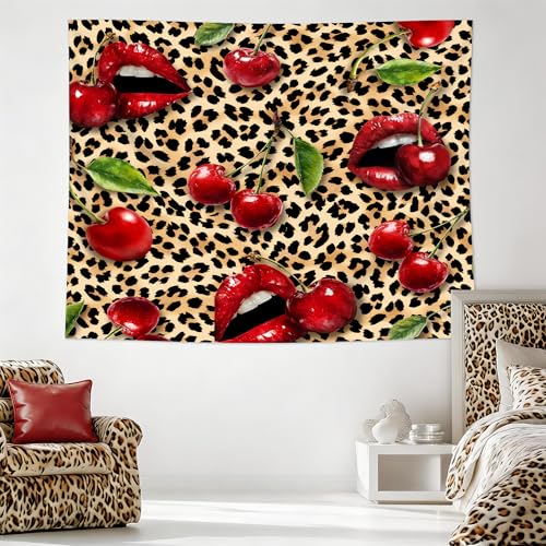 Cinbloo Cheetah Leopard Tapestry 59Wx51H Inch Lips Cherry Red Burgundy Brown Wall Hanging for Womwn Girly Girls Fashion Cute Classroom Home Dorm Decor Art Living Room Bedroom - color: C-Red Brown