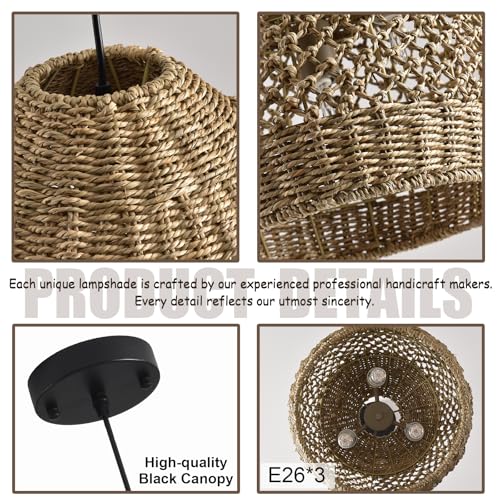 Rattan Pendant Light 13.39" Boho Coastal Hanging Wicker Hand-Woven Seagrass Chandelier for Kitchen Islands Farmhouse 3-Light - size: 3-Light 13.39 inch