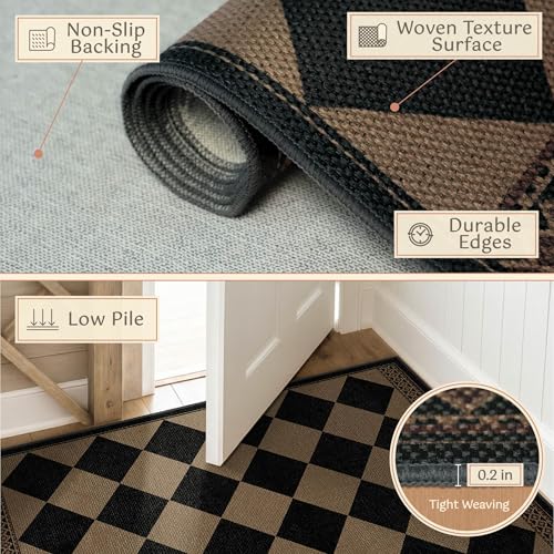 Black & Brown Checkered Easy Jute Outdoor Rug 4x6 for Porch Patio, Washable Non-Slip Diamond Checkerboard Entryway Office and Backyard Boho Border Rug, Farmhouse Low Pile Indoor Carpet for Living Room - color: Black Brown, size: 4' x 6' (Rectangular)