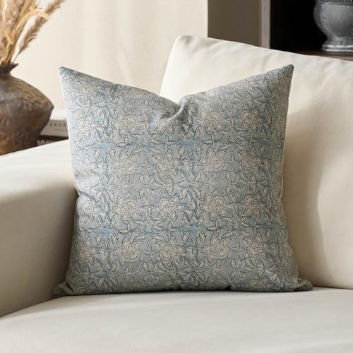 DOMVITUS Floral Pillow Covers 18x18 Throw Pillow Covers Block Print Vintage Decorative Neutral Pillow Cover for Couch Bed Living Room Light Blue 1PC - color: Light Blue, size: 18" x 18" (Pack of 1)