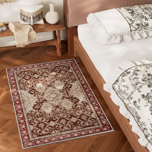 AMTOVO 2x3 Washable Entryway Area Rug Door Mat, Vintage Boho Distressed Print Pattern Non-Slip Carpet, Small Throw Rug for Indoor Entrance Kitchen Bedroom Bathroom Laundry Floor, Vintage Red - color: Vintage Red, size: 2' x 3' (Rectangular)
