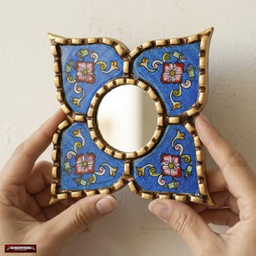 Peruvian Painted Glass Mirror with Bronze Leaf Framed - Handmade Diamond Mirror 6in for Gallery wall (Blue) - color: Blue