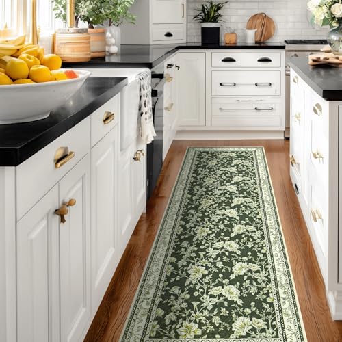 Olive Green Floral Print Area Rugs for Bedroom Living Room Boho Farmhouse Country Rustic Dining Room Carpet Soft Washable Rugs Non Slip Floor Covering for Nursery Playroom 2x6 - color: Sketch Floral Olive Green, size: 2' x 6' (Rectangular)
