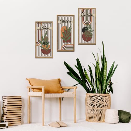 KAIRNE Boho Wooden Wall Art,Bohemian Wood Wall Decor Set of 3(16”X8”),Farmhouse Geometric Wooden Wall Decor,Abstract Minimalist Artwork for Living Room Bedroom Kitchen Office Decoration,Framed - color: Bohemian Wooden, size: 8"L x 16"W