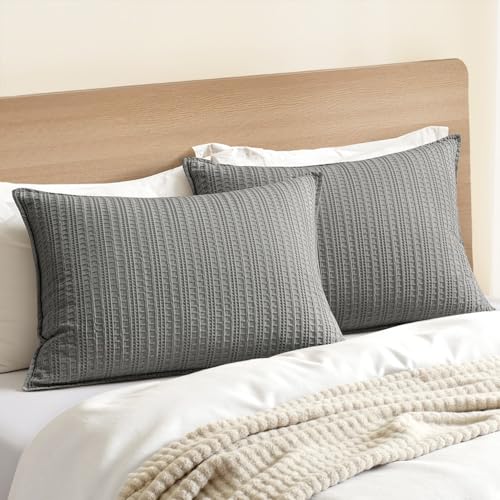 100% Cotton Waffle Pillow Shams Standard Size, 2 Pack 20x26 Decorative Pillow Covers for Bed Couch Sofa, Neutral Weave Cushion Cases Modern Farmhouse Home Decor, Dark Grey - color: Dark Grey, size: 26" x 20" (Pack of 2)