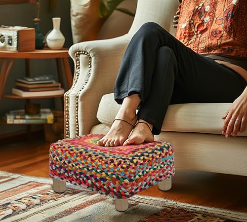 COTTON CRAFT Multi Chindi Footrest - Braided Cotton Rag Rug Foot Stool Ottoman with Sturdy Wood Legs – Handmade Boho Leg Rest - Small Spaces Under Desk Living Room Entryway Low Footstool - 16.5x12x9.5 - color: Cotton - Multi