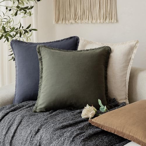 Foindtower Set of 2 Decorative Linen Fringe Throw Pillow Covers Cozy Farmhouse Cushion Cover with Tassels Accent Pillowcase for Couch Chair Sofa Bed Living Room Home Decor,16×16 Inch,Dark Olive Green - color: Rifle Green, size: 16" x 16" (Pack of 2)