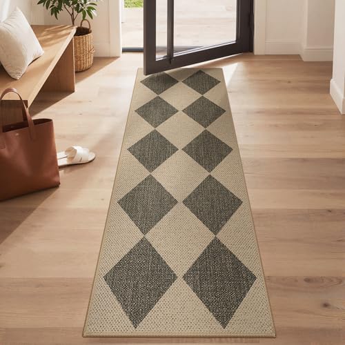 Bavni Checkered Easy Jute Rug,2x6 Runner Rug Machine Washable Non Slip Woven Plaid Carpet, Geometric Diamond Non Shedding Low Pile Modern Farmhouse Hallway Runner for Kitchen, Laundry, Corridor - color: Checkered-1, size: 2X6