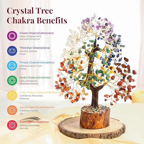 Crocon® 7 Chakra Crystal Tree of Life, Crystals and Healing Stones Money Tree for Positive Energy, Good Luck, Spiritual, Meditation Home Decor, Birthday Gifts for Women, Men, Mom & Sister | 10-12" - color: 001 Seven Chakra (Golden Wire)