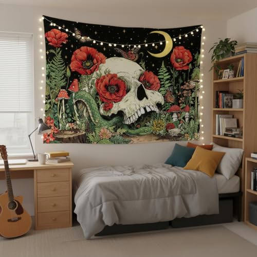 Accnicc Floral Skull Tapestry Vintage Flower Gothic Skeleton Tapestries Wall Hanging Mushroom Butterfly Plant Snake Horror Large Tapestry for Bedroom Living Room Dorm 80 x 60 inch - color: Red Green, size: 80"L x 60"W