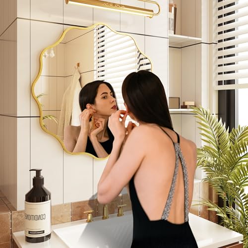 Kelly Miller 28 Inch Gold Round Wavy Mirror, Large Scalloped Edge Decorative Wall Mirror for Bathroom Bedroom Living Room Entryway Vanity Fireplace - size: 28"L x 28"W