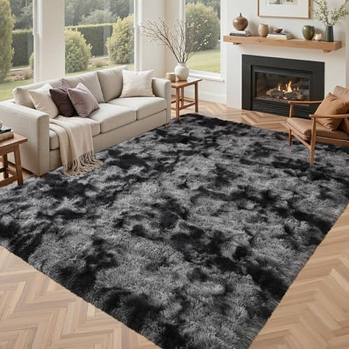 Black Grey Rugs for Bedroom Fluffy 4x6 Area Rug, Super Fuzzy Fur Living Room Carpet for Boys Dorm Office Nursery Modern Home Decor - color: A-tie-dye Darkgrey, size: 4' X 6' (Rectangular)