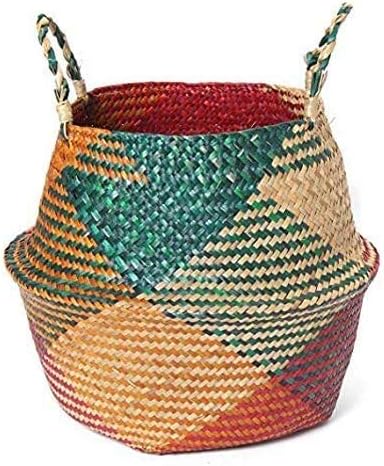 Natural Seagrass Basket - BESTCHANCEUS Seagrass Belly Basket with Handles Handmade Foldable Tote Basket for Storage,Laundry, Picnic, Plant Pot Cover, and Beach Bag Colorful 32x28CM