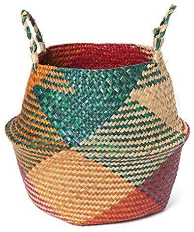Natural Seagrass Basket - BESTCHANCEUS Seagrass Belly Basket with Handles Handmade Foldable Tote Basket for Storage,Laundry, Picnic, Plant Pot Cover, and Beach Bag Colorful 32x28CM - size: 32x28CM