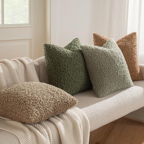 MIULEE Pack of 2 Throw Pillow Covers 18x18 Inch Olive Green Faux Fur Decorative Sherpa Spring Pillow Covers Fuzzy Accent Soft Sheepskin Fleece Cushion Cases for Boho Home Decor Couch Living Room Bed - color: Olive Green, size: 18" x 18" (Pack of 2)