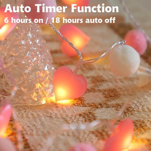 ChiRee 9.85Ft String Lights with 20 Pink Heart LEDs 20 Pink Pom Poms Garland Lights with Timer Valentine Decoration for Home Kid Bedroom Mother's Day Wedding Party Valentine's Day Decor - style: Pink-Pink Heart