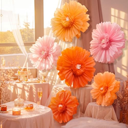Giegxin 6 Pcs 31.5", 24" Pink, Orange Giant Paper Flowers Pink and Orange Party Decorations Large Crepe Tissue Flowers for Fall Wedding Boho Birthday Bridal Bachelorette Bridal Shower Classroom Decor - color: Pink,Orange, size: 31.5", 24"
