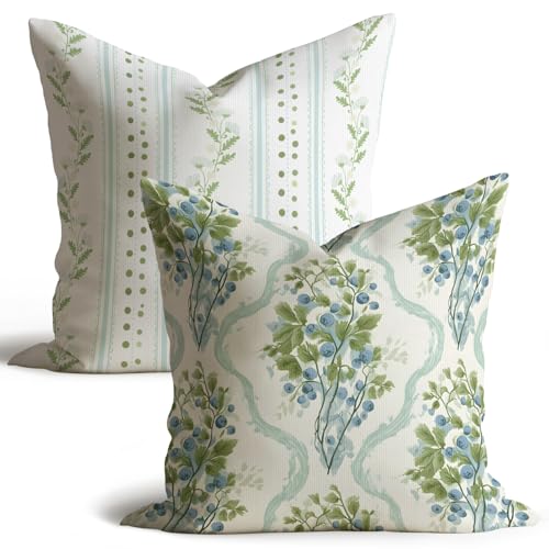 Boho Green and White Throw Pillow Covers 18x18 Inch, Set of 2 Vintage Floral Double -Sided Printed Pillowcase, Farmhouse Couch Decor for Sofa Bedroom Living Room