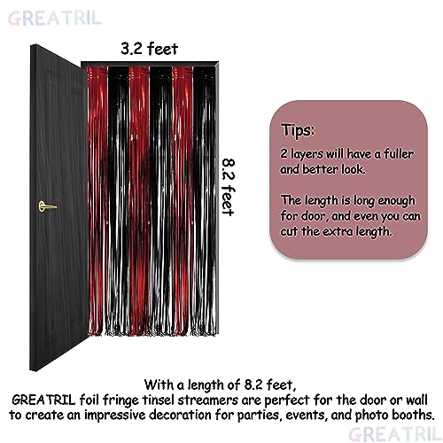 Black Red Party Streamers Backdrop - GREATRIL Foil Fringe Tinsel for Stranger/Friday Party/Halloween Party Decorations - 3.2ft X 8.2ft - 2 Packs - color: Black Red