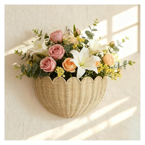 Scalloped Wicker Wall Basket - Rattan Hanging Storage Organizer, Decorative Basket for Nursery, Bathroom, Front Door, 16"×10"×7", Perfect for Flowers, Mail, Toys