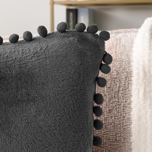PAVILIA Dark Gray Throw Pillow Covers with Pom Pom 18x18 Set of 2, Decorative Pillow Cases for Bedroom Aesthetic, Small Throw Pillows Set for Bed, Velvet Euro Plush Cushion Covers for Sofa Couch - color: Dark Gray, size: 18" x 18" (Pack of 2)
