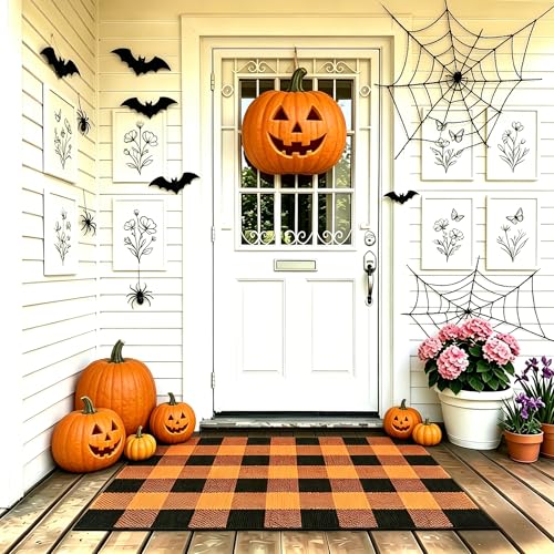MUBIN Cotton Buffalo Plaid Rug, 27.5x43 Orange Black Outdoor Rug Front Door Decorative Mat, Washable Halloween Doormat Foldable Area Rug Layered Door Mats Rug for Front Porch, Entryway, Patio - color: Orange Black Plaid, size: 2'3" x 3'7" (Rectangular)