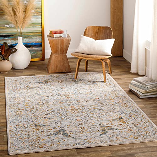 Hauteloom Kunzite Living Room, Bedroom Area Rug - Floral Medallion Border Distressed Leaf - Traditional Oushak Oriental Turkish Transitional - Denim, Light Gray, Cream, Gray, Beige - 2' x 2'11" - color: Denim, Light Gray, Cream / Bornova, size: 1'11" x 2'