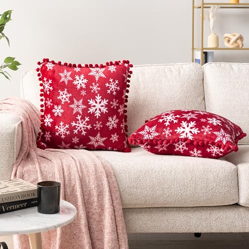 PAVILIA Snowflake Red Throw Pillow Covers with Pom Pom 18x18 Set of 2, Christmas Decorative Pillow Cases for Bedroom, Holiday Small Pillows Set for Bed, Velvet Winter Plush Cushion Covers Sofa Couch - color: Snowflake Red, size: 18" x 18" (Pack of 2)