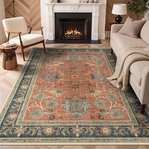 Bavni Floral Area Rugs 5x7, Vintage Distressed Living Room Rug, Accent Washable Rug Stain Resistant Non Slip, Low Pile Thin Soft Coral Blue Throw Carpet for Bedroom, Dining Room, Home Office, Nursery - color: Coral Blue, size: 5' x 7' (Rectangular)