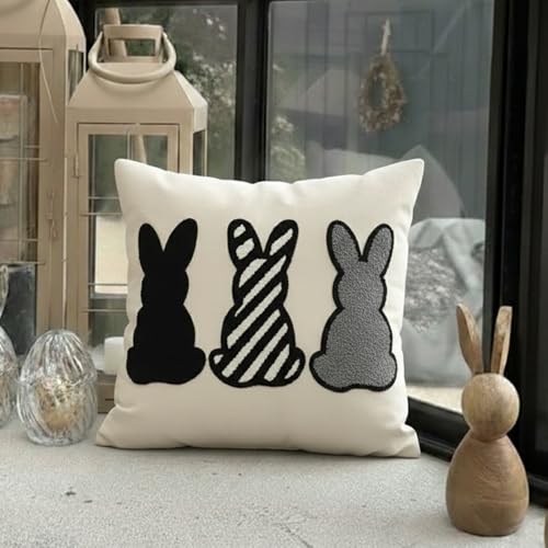 Jonhier Easter Bunny Throw Pillow Cover, Boho Black and White Neutral Rabbit Pillowcase for Living Room Bedroom, Modern Farmhouse Tufted Embroidery Cushion Case for Spring Home Decor, 18 x 18 inch - size: 18" x 18" (Pack of 1)
