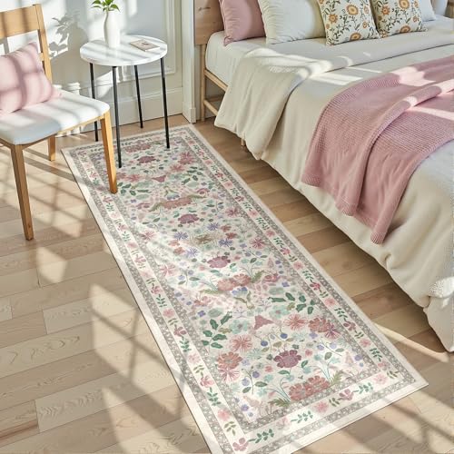 Deerly Floral Runner Rug 2x6 for Kitchen Hallway Bedroom Vintage Boho Washable Bathroom Runner Rugs Non-Slip Soft Low Pile Thin Indoor Carpet for Laundry Room Farmhouse Rug, Beige/Light Pink/Multi - color: Beige/Light Pink/Multi, size: 2' x 6' (Runner)