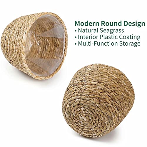 Seagrass Planter Basket 3 Set Handmade Woven Basket Indoor Outdoor Storage Basket Flower Pot Container with Waterproof Plastic Liner for Houseplants Succulents Orchid Modern Home Decor Brown