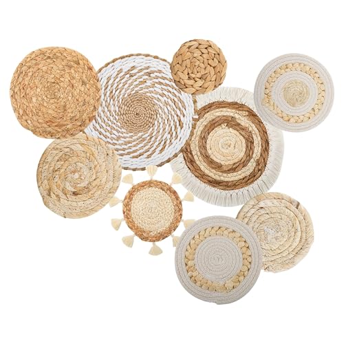 Boho Wall Basket Decor Set of 9, Woven Hanging Wall Decor Seagrass Rattan Wicker Round Handmade Rustic Flat Elegant Wall Art for Farmhouse Living Rooms Bedrooms Display Table Settings Kitchen Home
