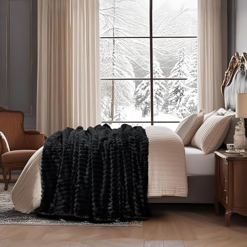 Amélie Home Faux Fur Throw Blanket for Couch, Cozy Fuzzy Fluffy Fur Luxurious Soft Striped Plush Gift Blankets for Family Sofa Chair Bedroom, 55"x70", Black - color: Striped Black, size: Throw(55"x70")