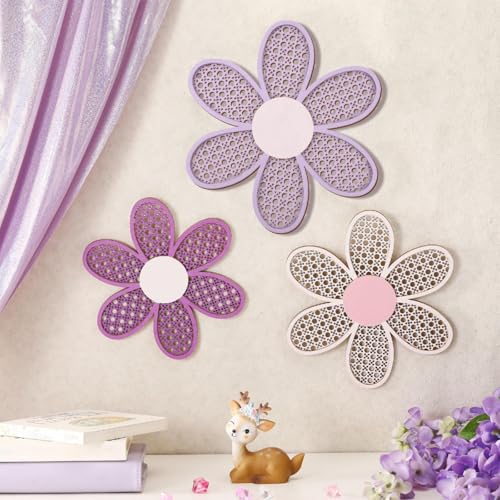 Maitys 3 Pieces Boho Daisy Wall Decor Natural Rattan Flower Wall Hanging Art Wooden Boho Art Nursery Flowers Farmhouse Hanging Decor for Home Office Nursery(Pink, Purple) - color: Pink, Purple