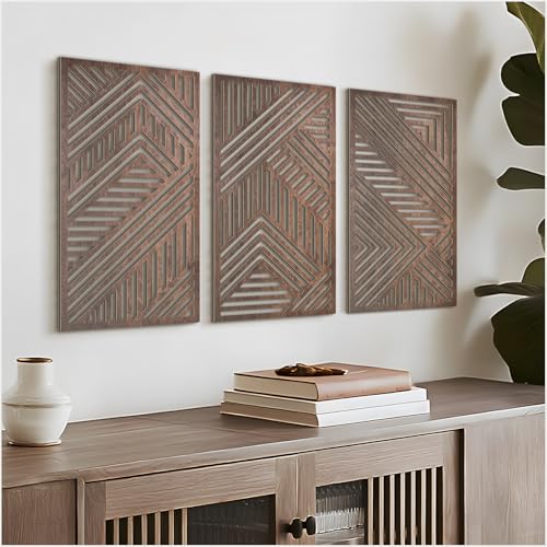 VIYYIEA Boho Solid Wood Carved Wall Art Set of 3, Geometric Minimalist Wooden Home Decor Panels, Handcrafted Solid Wood Wall Hanging for Living Room Bedroom Hallway, 16 x 8 Inch Each (Sunset Brown) - color: Sunset