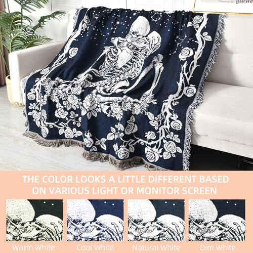 Boho Throw Blanket Reversible Cotton Bohemian Tapestry Hippie Room Decor Double Sided (Boho Skeleton Lover Moon Blue 50"x60") - color: Boho Skeleton Lover Moon Blue, size: 50*60 inch