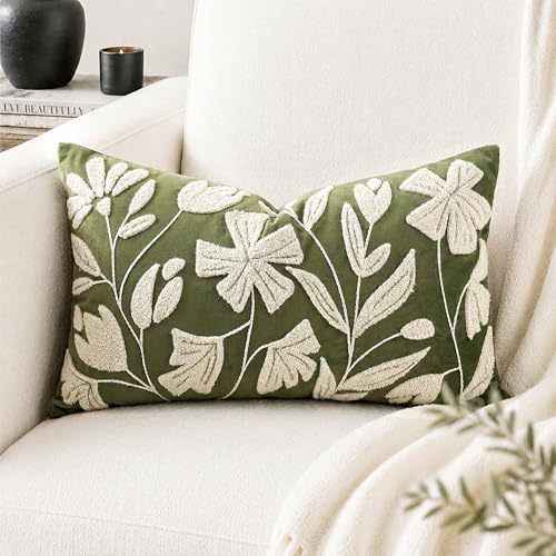 BlissBlush Decorative Lumbar Pillow Cover 12x20 Inch, Olive Green Floral Tufted Velvet Accent Pillow Case for Sofa Bed Living Room, Cover Only - color: Olive Green, size: 20" x 12" (Pack of 1)
