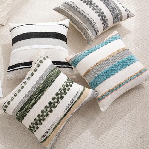 Boho Pillow Covers 18x18 Set of 2 for Couch-Modern Farmhouse Sofa Decorative Throw Pillow Covers Textured Chenille Cushion Covers Outdoor Netural Bohemian Pillow Cases Square - color: Black Stripe 2