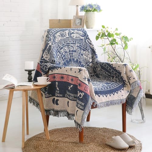 LumiSyne Cotton Woven Throw Blanket With Tassel Double-Sided Jacquard Bohemian Geometric Pattern Vintage Ethnic Style Decorative Throws For Sofa Bed Armchair Camping Blanket Tapestry Tablecloth Carpet - color: Blue White Constellation, size: 130×180cm