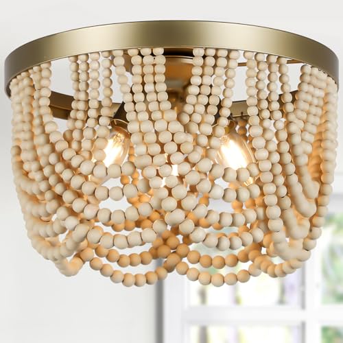 Bohemia Wood Beaded Chandelier, 3-Light Boho Light Fixture, 12.6inch Boho Chandelier Flush Mount Ceiling Light Fixtures for Dining Room, Bedroom, Living Room, Nursery, Girl Room, Hallway and Entryway - color: Natural-12.6INCH