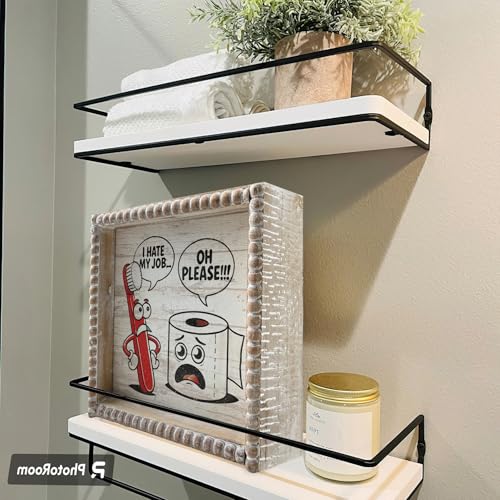 Boho Farmhouse Wooden Framed Bathroom Decor Signs, Funny Restroom Decorative Plaque Small Cute, Toilet Rules Shelf Decoration (I Hate My Job) - color: I Hate My Job