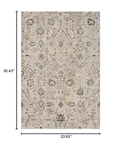 Hauteloom Octavia Boho Vintage Traditional Oushak Area Rug with Tassles - Farmhouse Oriental Floral Damask Carpet for Living Room, Bedroom, Dining Room - Taupe, Beige, Olive; Blue 2' x 3' - color: Taupe, Beige, Olive / Claydon, size: 1'11" x 2'11" (Rectan
