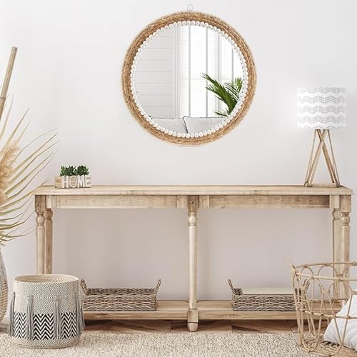 22 Inch Boho Style Decorative Mirror, Round Rattan Wall Hanging Mirror, Nature Rattan Woven Round Mirror, Makeup, Dressing Mirror, Suitable for Dressing Room, Living Room, Bedroom, Farmhouse