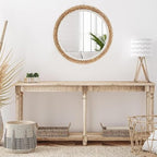 22 Inch Boho Style Decorative Mirror, Round Rattan Wall Hanging Mirror, Nature Rattan Woven Round Mirror, Makeup, Dressing Mirror, Suitable for Dressing Room, Living Room, Bedroom, Farmhouse