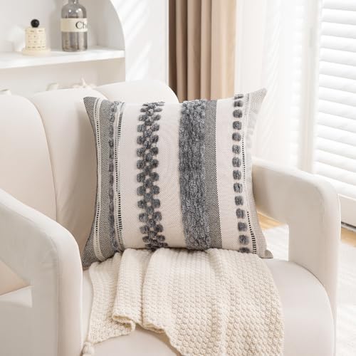 Boho Throw Pillow Covers 18x18 Set of 2 for Couch-Modern Farmhouse Sofa Decorative Grey Throw Pillows Covers Textured Chenille Cushion Covers Outdoor Netural Bohemian Pillow Cases Square - color: Gray Stripe