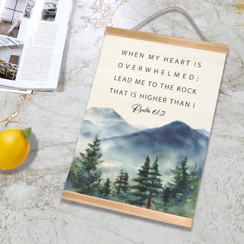 Inspirational Christian Bible Verse Wall Art Decor,Christ Motivation Wall Art Framed Decor,Psalm 61:2 Mountain Landscap Canvas Poster for Bedroom Living Room Office 14x18.5inch - color: Green-Psalm 61:2
