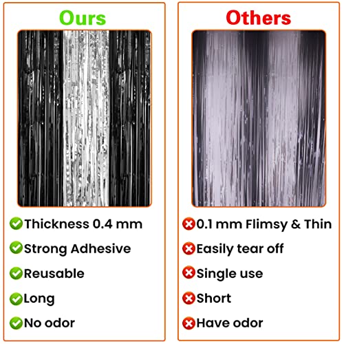 PIGETALE, 2 Pack 3.2 x 8.2 ft Black and Silver Foil Fringe Curtains Party Decorations, Sparkle Tinsel Curtain Photo Backdrop for Birthday Wedding Graduation Stream - color: Black and Silver