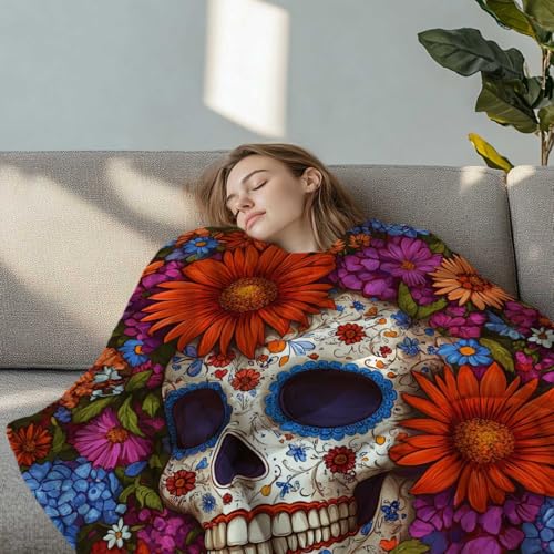 Sugar Skull Throw Blanket, Gift for Women and Men, Day of Dead Theme, Lightweight Fleece for Halloween Home Decor, Couch and Chair, 40x50 Inches - color: Skull Flower