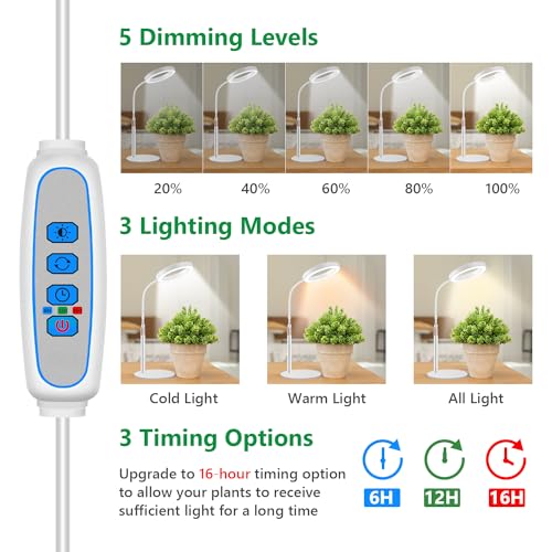 Aumtrly Grow Lights for Indoor Plants, 80 LED Full Spectrum Desk Plant Light for Growing Small Plant, Height Adjustable 24.5" Halo Grow Lamp with Base, 6/12/16H Timer, 3 Light Modes, 5 Dimming - size: 1 head 24.5inch/white